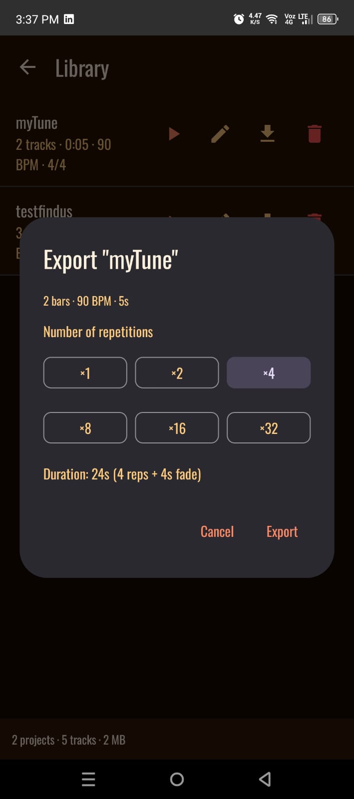 Export d'un projet au format .m4a avec répétitions