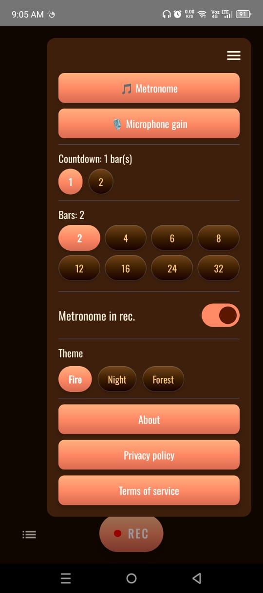 Menu avec métronome, gain micro et thèmes
